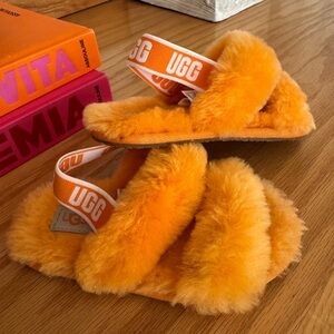 UGG Kids Vibrant Orange Fluffy Slingback Slippers